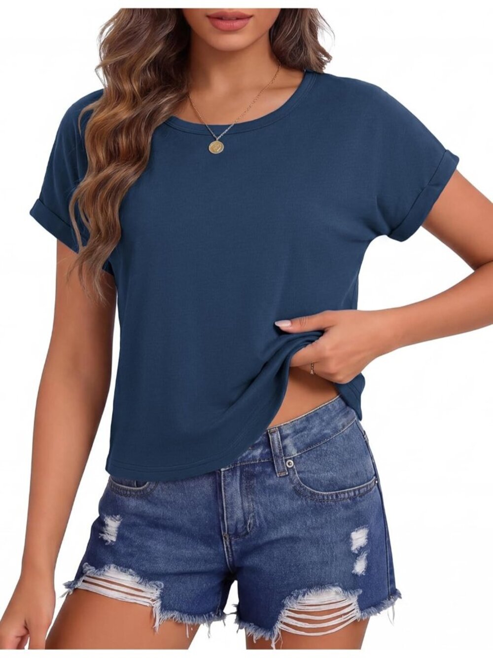 Women's Navy Blue Roll Short Sleeve Crewneck Loose Fit Boxy Pull On Crop Tops